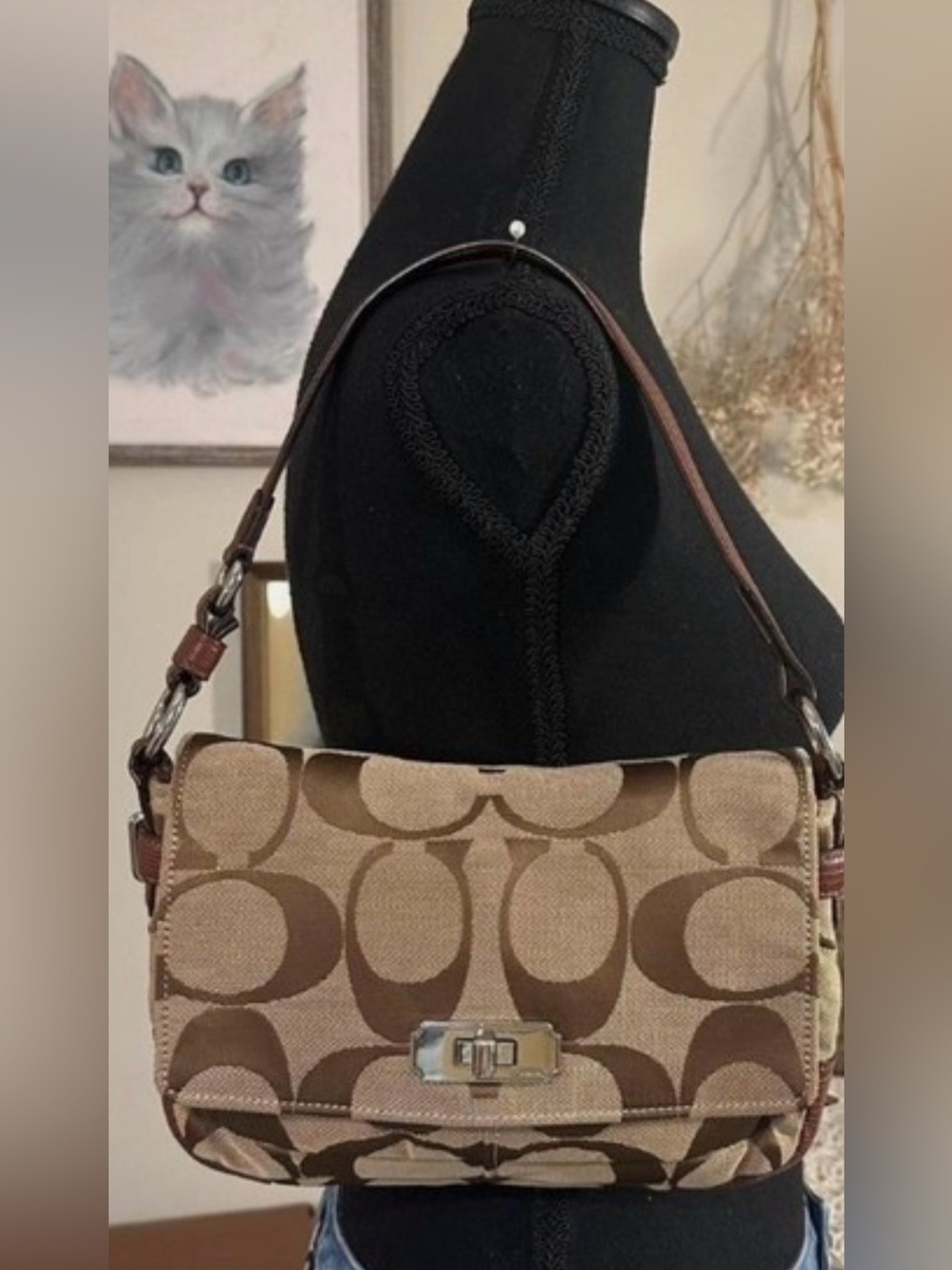Coach Chelsea Signature Classic Khaki & Canvas Brown -Leather Trim -Turn Lock